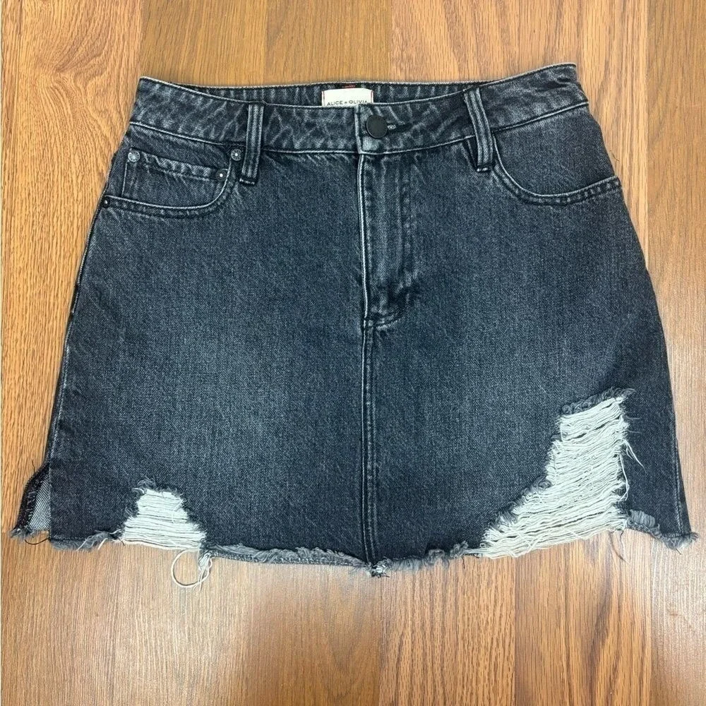 ALICE + OLIVIA Denim Short Skirt Mini Black Distressed Women High Rise Jean 26 2